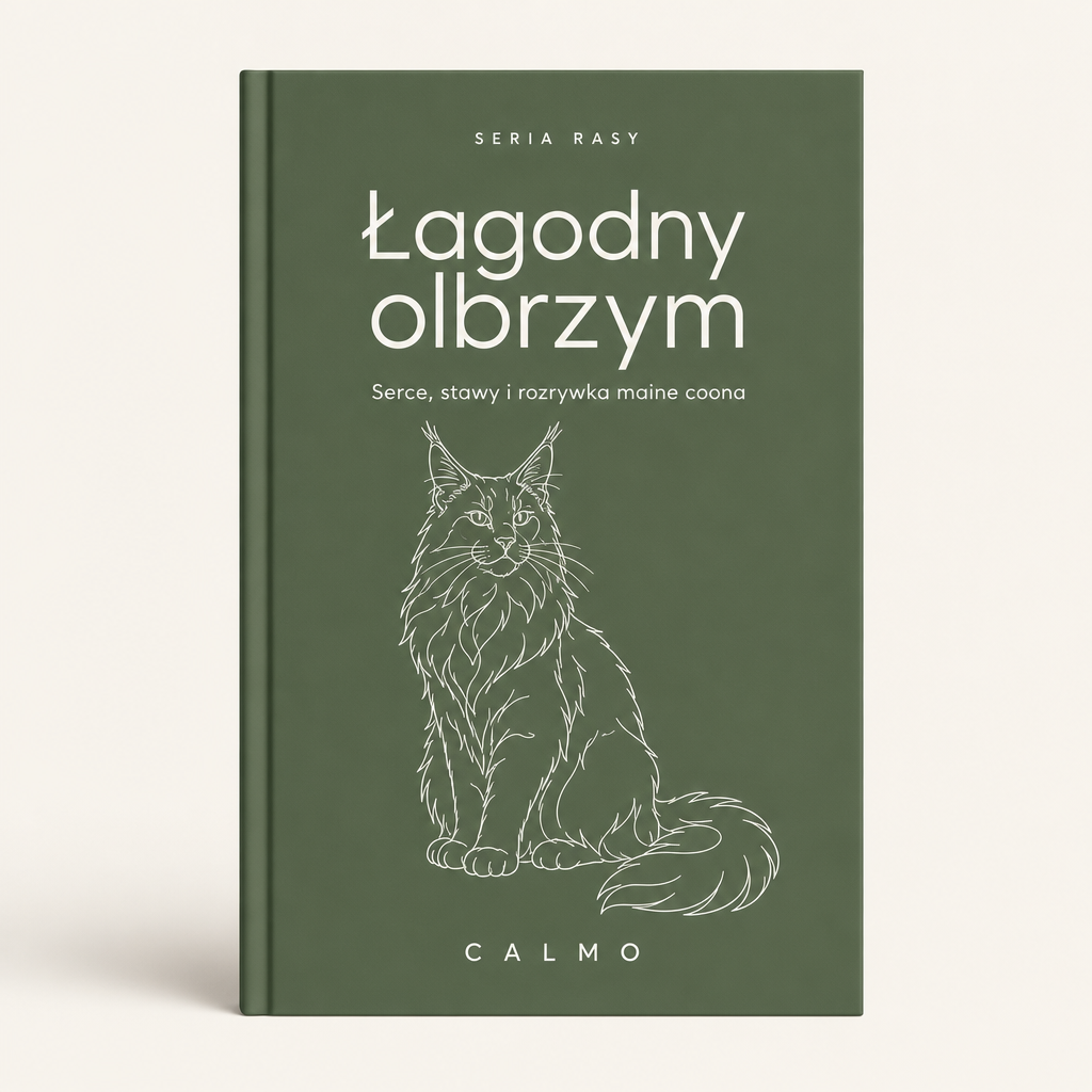 Okładka poradnika Łagodny olbrzym, Seria Rasy Calmo, maine coon