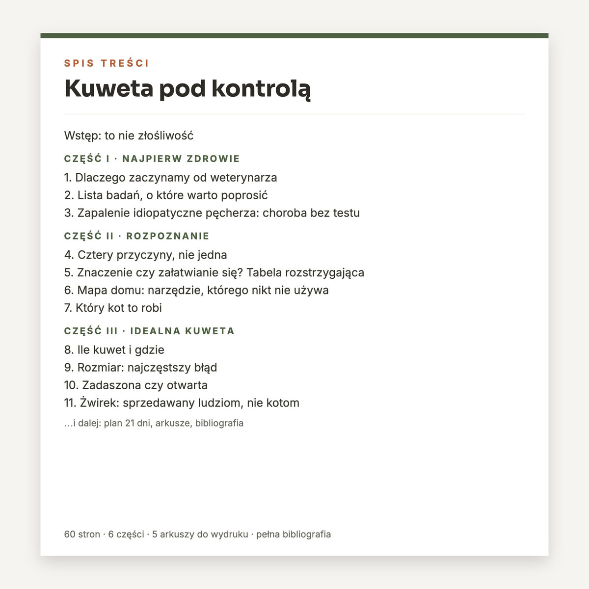 Spis treści poradnika Kuweta pod kontrolą: najpierw zdrowie, rozpoznanie, idealna kuweta