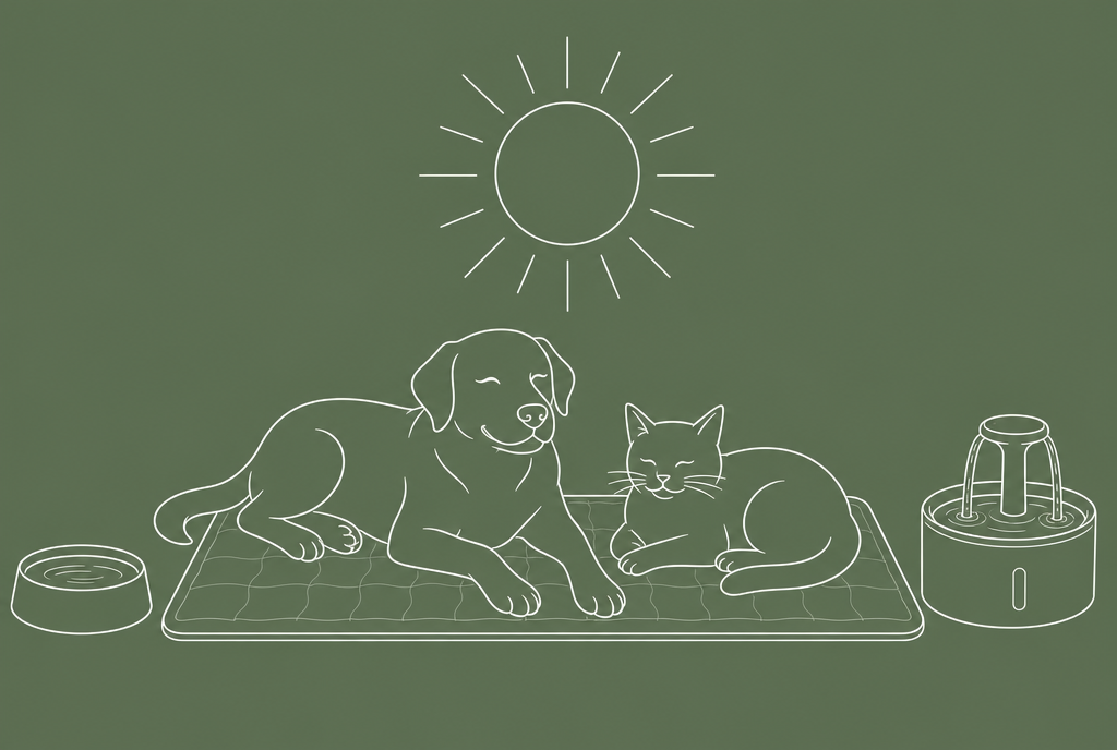 Ilustracja: pies i kot na macie chłodzącej pod słońcem