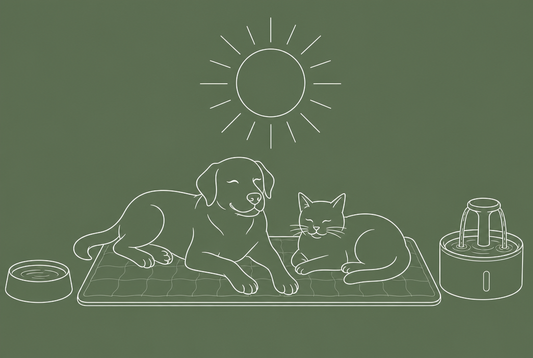 Ilustracja: pies i kot na macie chłodzącej pod słońcem