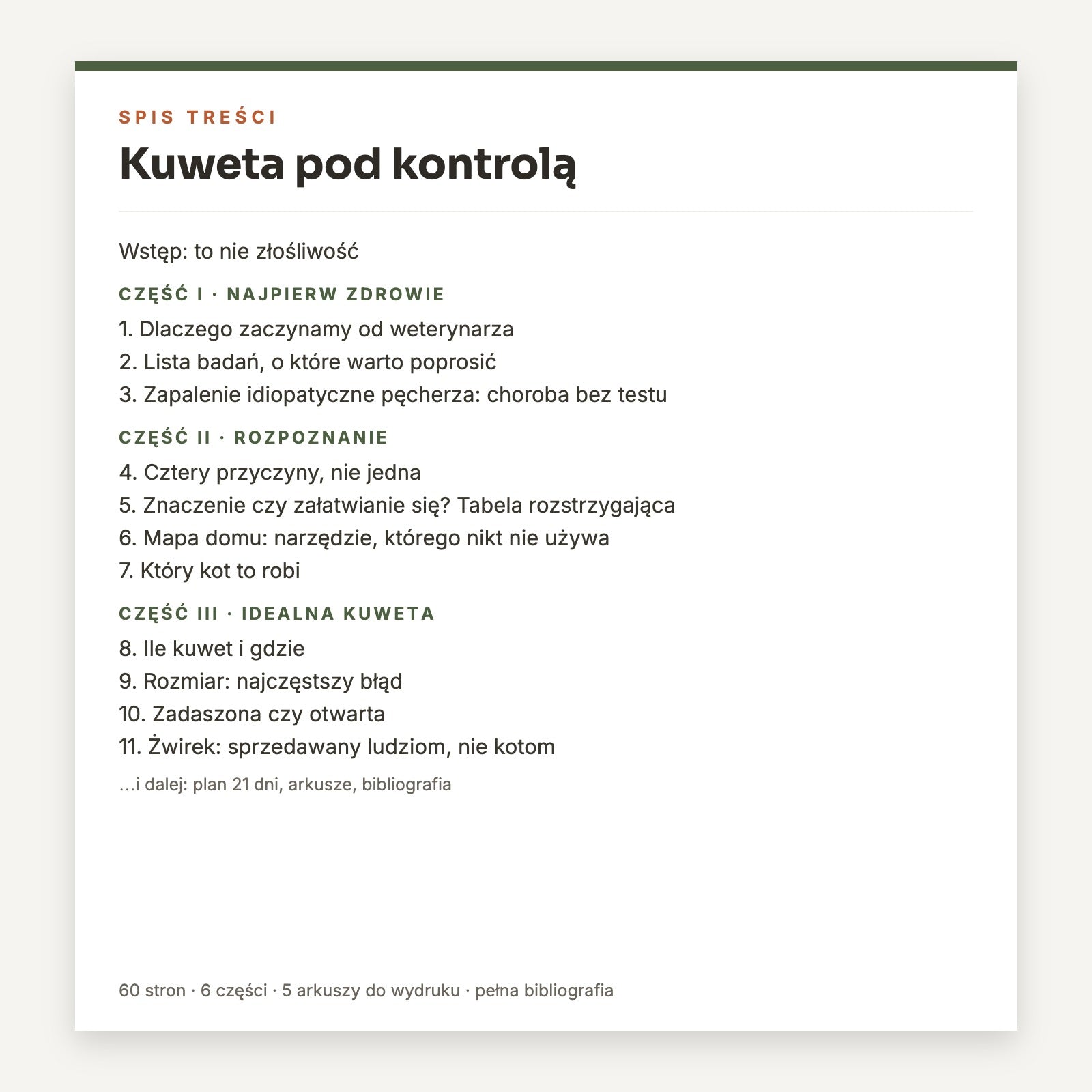Spis treści poradnika Kuweta pod kontrolą: najpierw zdrowie, rozpoznanie, idealna kuweta