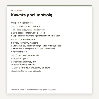 Spis treści poradnika Kuweta pod kontrolą: najpierw zdrowie, rozpoznanie, idealna kuweta